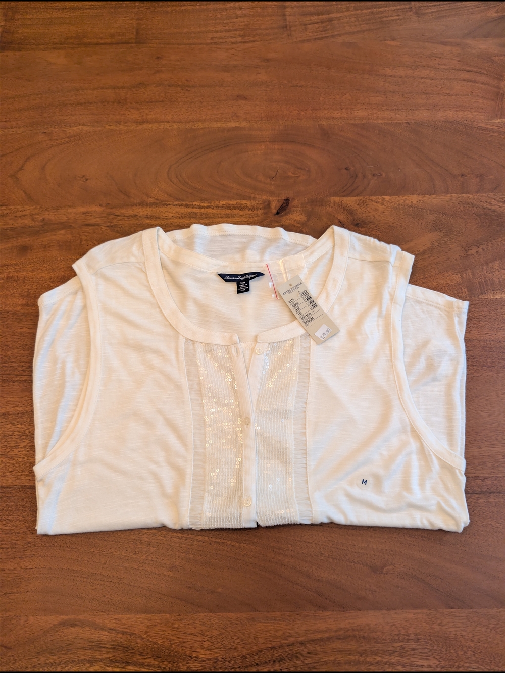 American Eagle White Sequin-Trim Sleeveless Top
